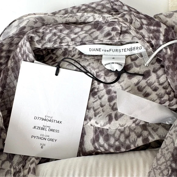 DVF Jezebel Python Grey Print Tie Neck Long Sleeve Shift Mini Dress Size 6 - Picture 9 of 14